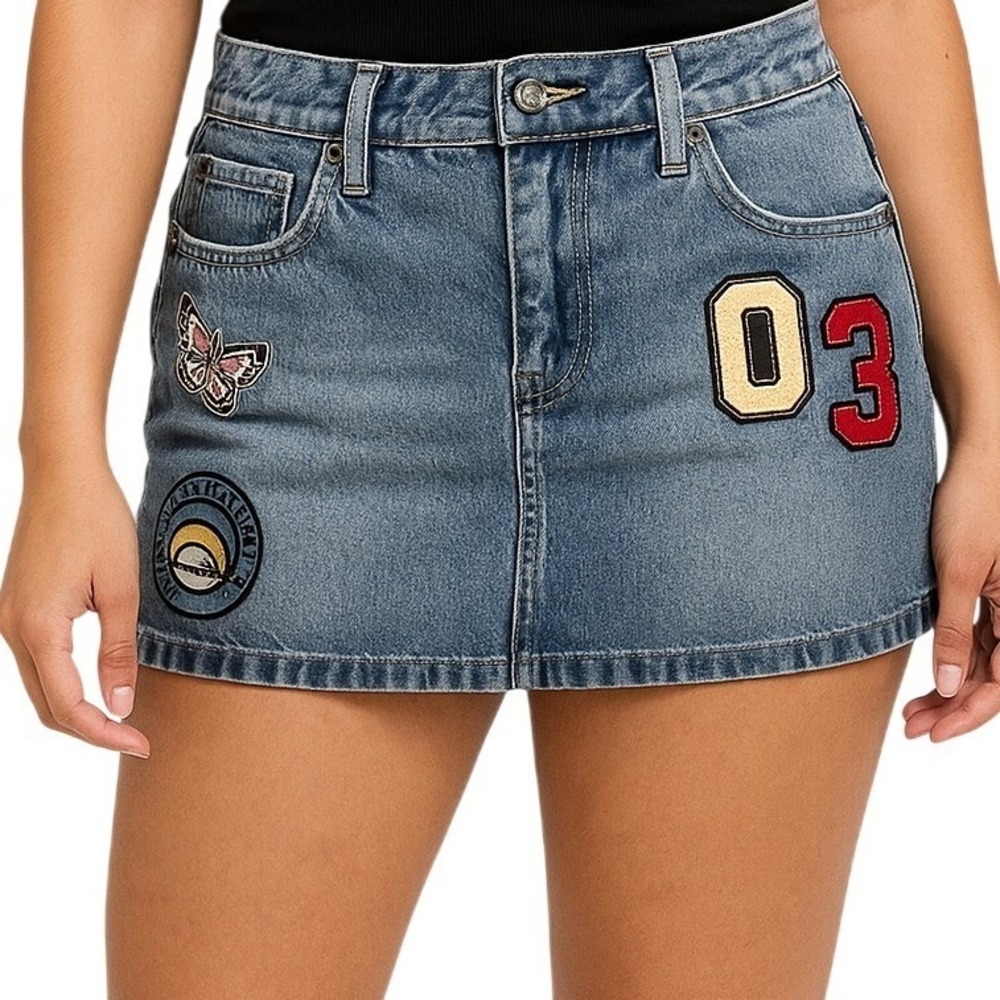 Wild Fable Patch Denim Mini Skirt Women 4 Blue New Butterfly Varsity Medium Wash
